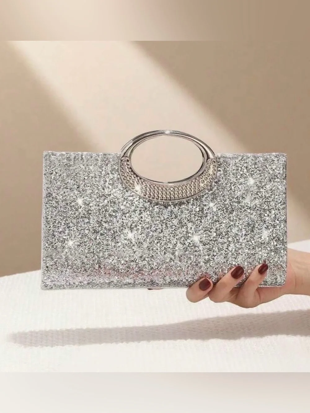 Silver Glitter Evening Clutch with Decorative Handle